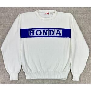 Vintage Honda Sweater Knitted Adult XL White Blue Crewneck 3 Strikes 80s USA